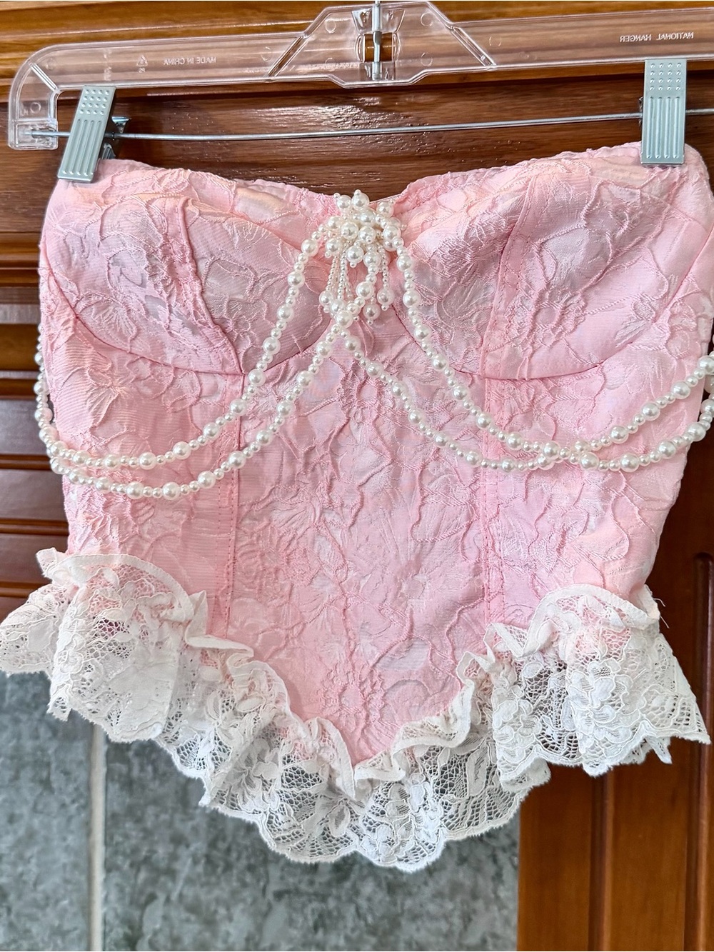 Strapless Pink Lace Bustier with Pearl Trim Small